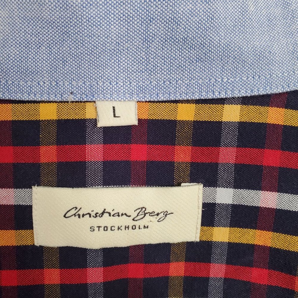 Christian Berg Stockholm Mens Size L Shirt Button Down 100% Cotton Plaid Navy - Picture 9 of 10